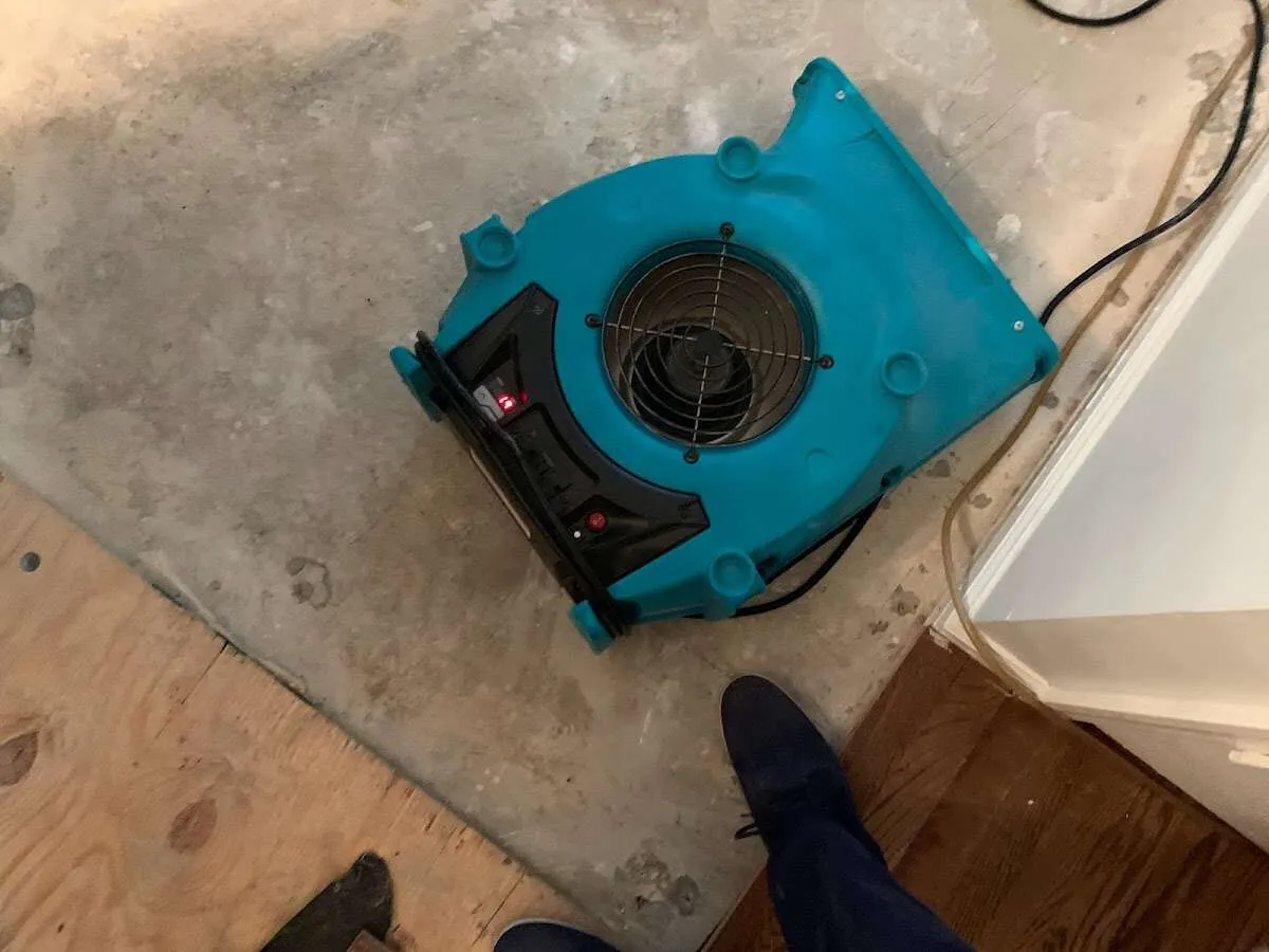 Air mover drying subfloor during Commercial Water Damage Restoration in Ocoee
